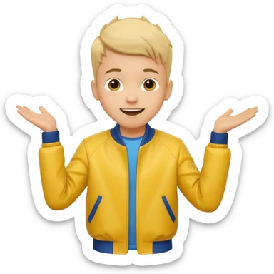 excited boy with good hair cut shrugging his shoulder, wearing yellow jacket and smile sticker