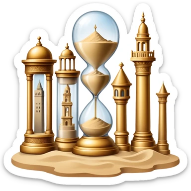 icon featuring ancient scrolls, quill pen with famous historical landmarks and monuments in the background. Large, antique sand clocks with sand pouring out represent the passage of time. Historical figures are depicted as statues. Transparent background. sticker