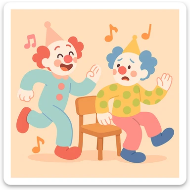 two clowns playing musical chairs, soft colors, cute and whimsical pastel toon style sticker