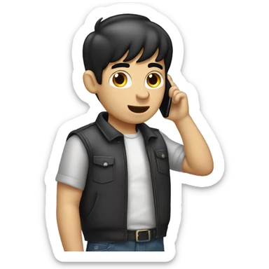 white boy black hair talking in the cellphone in ears sticker