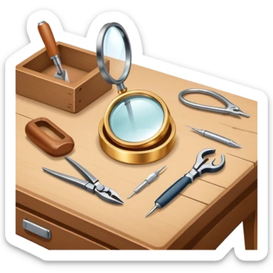 Create an icon that represents the art of jewelry making. The design should feature 1-2 pieces of jewelry, such as a ring or necklace, in progress. Include a small workbench or table, a magnifying glass, and tools like pliers and tweezers. The composition should feel elegant and detailed, showcasing the precision and skill involved in crafting jewelry. The background should be transparent. sticker