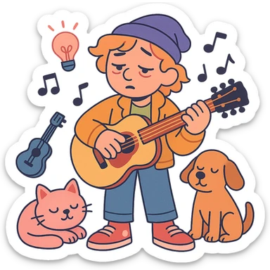 sleepy, creative musician with musical instruments, trendy clothes, and animal friends sticker