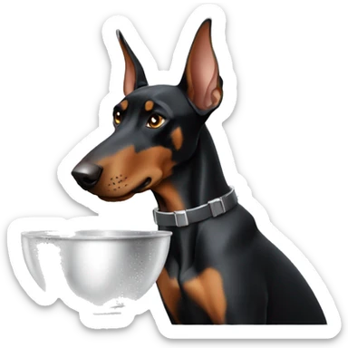 Doberman with pointed ears holding a silver bowl  sticker
