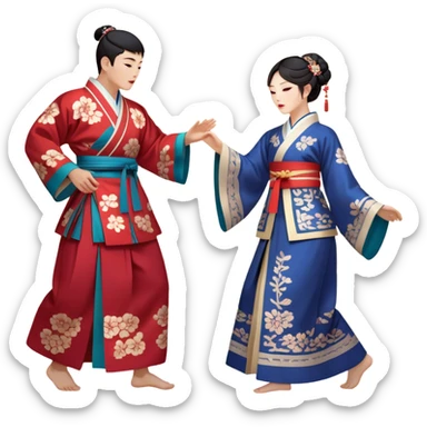 Cinematic Realistic scene of two performers engaging in Ganggangsullae, dressed in traditional Korean costumes with intricate patterns and graceful movements, illuminated by soft, festive lighting that accentuates the cultural ambiance sticker