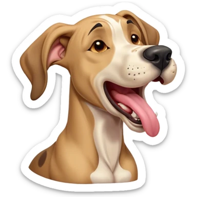 Cinematic Cute Yawning Fawn Great Dane Portrait Emoji, Head tilted slightly with a dramatic, wide-open yawn, revealing a smooth fawn coat with a refined texture, floppy ears slightly drooping, round amber eyes barely open in drowsy contentment, Simplified yet irresistibly adorable features, highly detailed, glowing with a soft, cozy glow, high shine, relaxed yet expressive, stylized with a touch of whimsy, bright and endearing, soft glowing outline, capturing the essence of a sleepy yet affectionate guardian, so drowsy it feels like it could stretch out of the screen and curl up for a nap! sticker