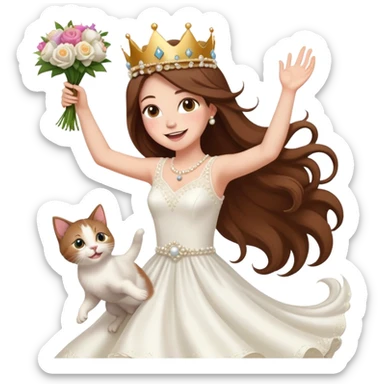 White woman - long hair - white wedding dress - holding a kitten - happy - jumping - stylish - elegant - bouquet - dreamy - colorful - wearing a crown - pearl accessories sticker