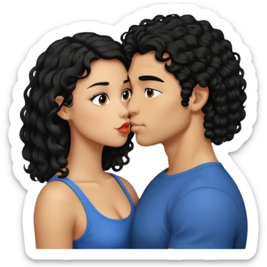 a strong man with short straight black hair kissing a shorter girl with long black curly hair sticker