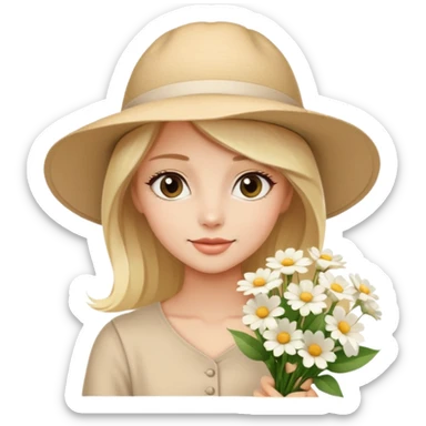 beautiful blonde girl in a summer beige hat with a bouquet of white flowers sticker