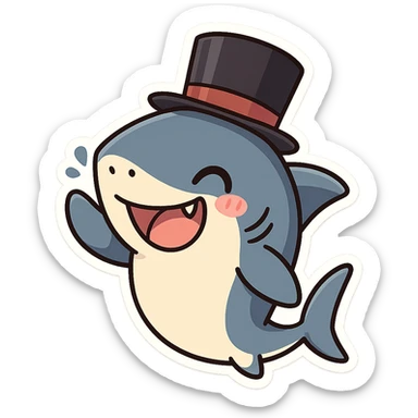 a fun and expressive shark wearing a top hat, cartoon style, playful, cute character, friendly and approachable sticker