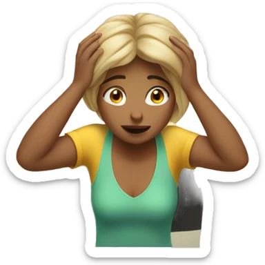 full body girl sitting at her desk with hands on her head, visibly frusturated.  sticker