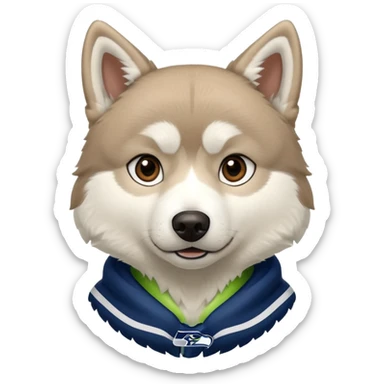 White  brown husky with Seattle Seahawks gear sticker