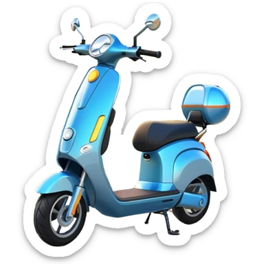An icon featuring a sleek electric scooter parked on a scenic path. The background showcases a vibrant city park with green trees, flowers, and a clear blue sky. The sun sets in the distance, casting a warm golden glow on the landscape. Transparent background sticker