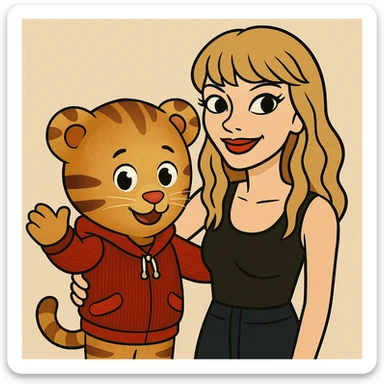 Daniel Tiger and Taylor Swift together, friendly and cheerful, cartoon style sticker