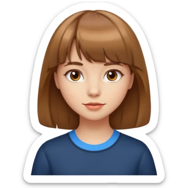 uma garota com cabelos médios, pele branca, cabelo cor castanho claro, de franja sticker