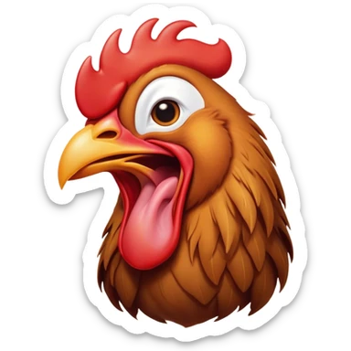 Cinematic Cute Yawning Brown Rooster Portrait Emoji, Head tilted slightly with a dramatic, wide-open yawn, showcasing a soft, downy brown plumage with a subtle red comb and drooping wings, round warm eyes barely open in drowsy contentment, Simplified yet irresistibly adorable features, highly detailed, glowing with a soft, cozy glow, high shine, relaxed yet expressive, stylized with a touch of whimsy, bright and endearing, soft glowing outline, capturing the essence of a sleepy yet affectionate rooster, so drowsy it feels like it could stretch out of the screen and curl up for a nap! sticker