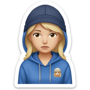 Blonde female tech developer going back to work after christmas holidays, looking tired and wearing a hoodie and cap sticker