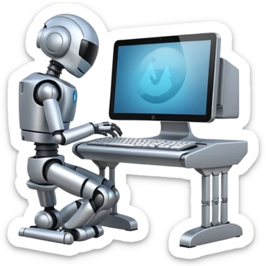 Grocery shelf design on a computer with a robot at the keyboard sticker