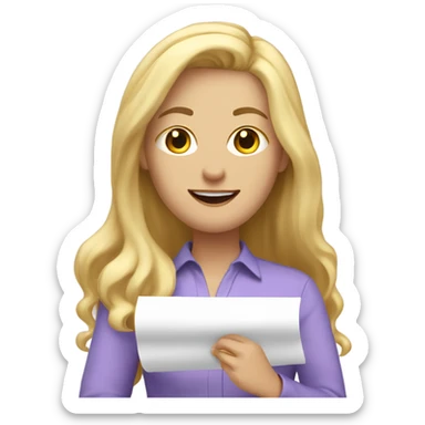 White woman with long blonde hair, wearing a lavender shirt, showing off a completed to do list, celebrating  sticker