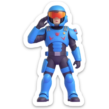 stylized Helldiver character giving a sharp military salute, detailed sci-fi armor, visor down, bold stance sticker