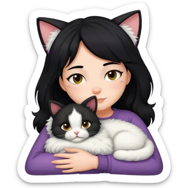 Black hair girl snuggling a fluffy ruffian (cat) sticker
