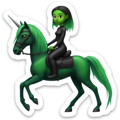 a green amazon alien woman on a black unicorn sticker