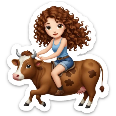 cute woman long curly brown hair tattoos riding gentle cow sticker