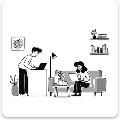 escenary 3d of a cozy mid-century living room with two people working on laptops, one man standing at a desk and one woman sitting on a couch, two walls and floor visible sticker