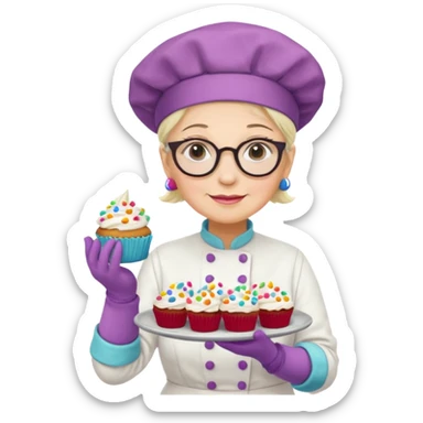Older female pastry chef – round glasses, oven mitts on, holding a tray of cupcakes

 sticker