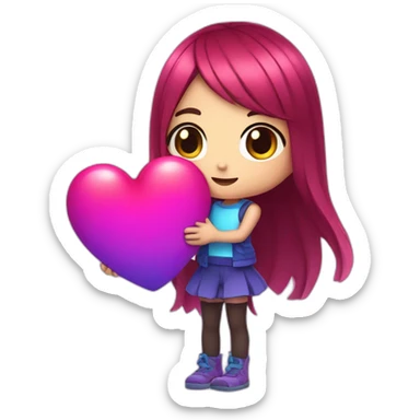 Cute anime girl with neon purple and blue colors holding a big red heart sticker