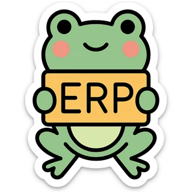 frog holding a sign that says ERP, colorful outlined icon style sticker