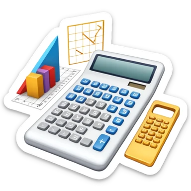 An icon featuring mathematical formulas, a calculator, geometric shapes, and the golden ratio with calculations, symbolizing mathematics. The design includes a ruler, and a graph, representing the study of numbers, equations, and spatial relationships. Transparent background sticker