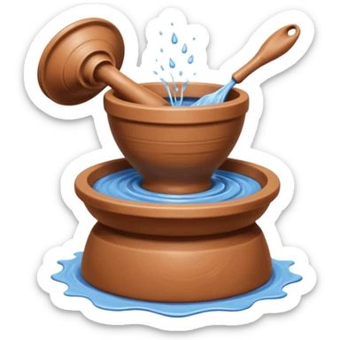 Realistic image of a potter's wheel in action, shaping wet clay into graceful shapes, water splashing gently sticker