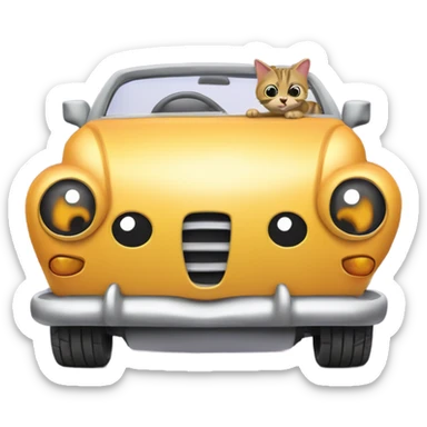 A cartoon emoji-style car with a curious cat peeking out from the open hood of the engine compartment. sticker
