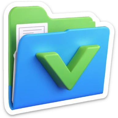 3D style illustration of a blue folder with a prominent green V checkmark icon sticker