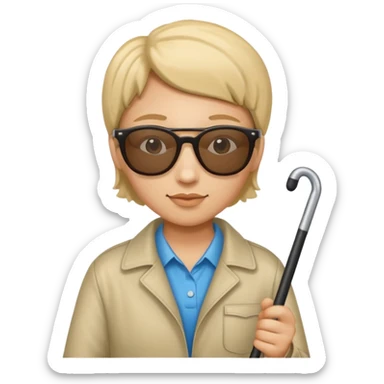 A blind person wearing sunglasses and holding a guide cane sticker