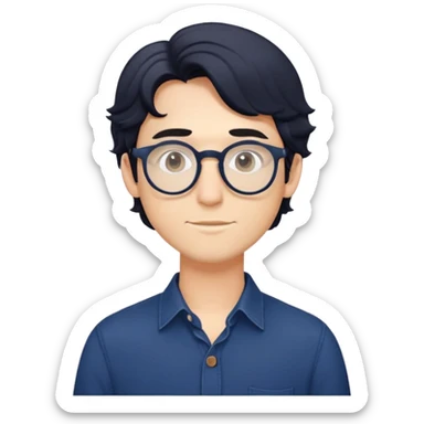Young caucasian man with slightly longer wavy black hair, round glasses, torso only, wearing dark blue relaxed buttoned-up shirt sticker