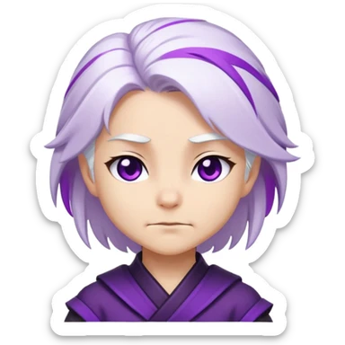 Chibi Sable Ward with smirk expression, confident side smile, raised eyebrow, white hair with purple streaks, fully purple eyes, smug look sticker