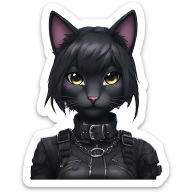 Gorgeous edgy epic futuristic punk gothic dark techwear anime style anthro cat with blushing face aesthetic and pretty edgy black with collar and harness trending style sticker