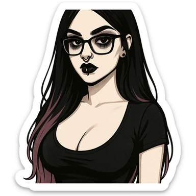 modern illustration of a gothic pale girl with nose and lip piercings, long black hair with pink ends, heavy eye makeup, glasses, and voluptuous chest sticker