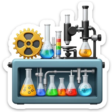 toolbox science, chemicals, mechanical gears, electronics, resistors, ic, microscope, nuclear model, radioactivity sticker