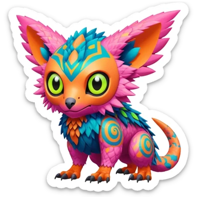 Tropical lush warm-colored modern colorful neon-colored cyber-Fakémon-Digimon-Trico-creature sticker