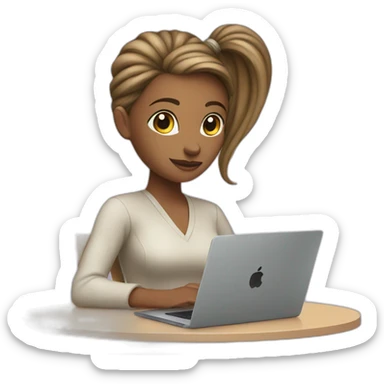Woman with ponytail sitting at table with Apple laptop sticker