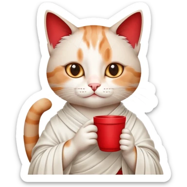 cat wearing a toga, holding a drink, classic college party look sticker