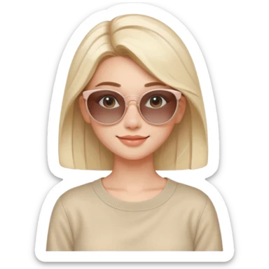 Clean girl influencer character, chest-up portrait, minimal aesthetic, natural glowing skin, soft confident smile, sleek hair, neutral pastel outfit, wearing trendy sunglasses on head, subtle beauty accessories, stylish hair clip, calm luxury vibe, clean modern illustration style sticker