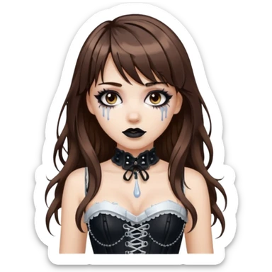 white girl, brown hair, bangs and long hair, dark makeup. Detailed corset top with white paint dripping,  sticker