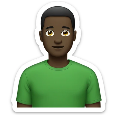 emoji of an adult man, dark skin, no beard or mustache, black short straight hair, green t-shirt. Black eyes.  sticker