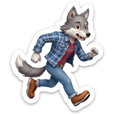 friendly anthropomorphised wolf in plaid and jeans running, energetic pose sticker