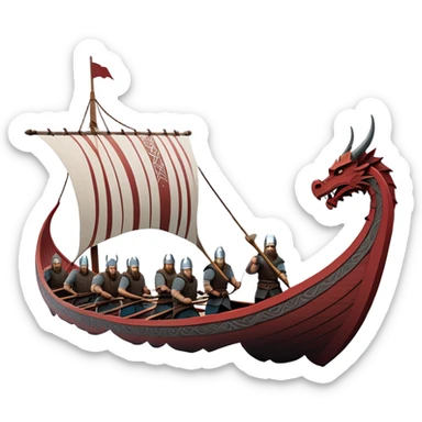 clash-of-clans-aesthetic_-cinematic-viking-longboat, rendered in a flat, bold vector style with minimal shading, featuring a striking dragon-headed prow slicing through icy, churning waters. shields on the side and vikings rowing The longboat’s intricately detailed shields and carved motifs evoke a sense of epic adventure and Nordic might, with billowing sails catching a dramatic, stormy sky backdrop. sticker