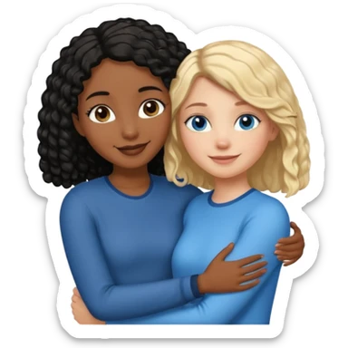 Girl best friends: one taller white girl with straight blond bob and blue eyesone shorter black girl with long black curly hair, hugging sticker