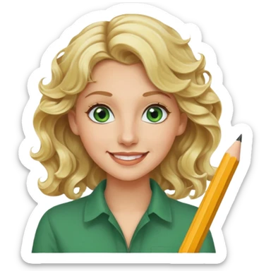 blonde woman, age 25-30, green eyes, wavy hair, pencil behind ear, creative product designer sticker